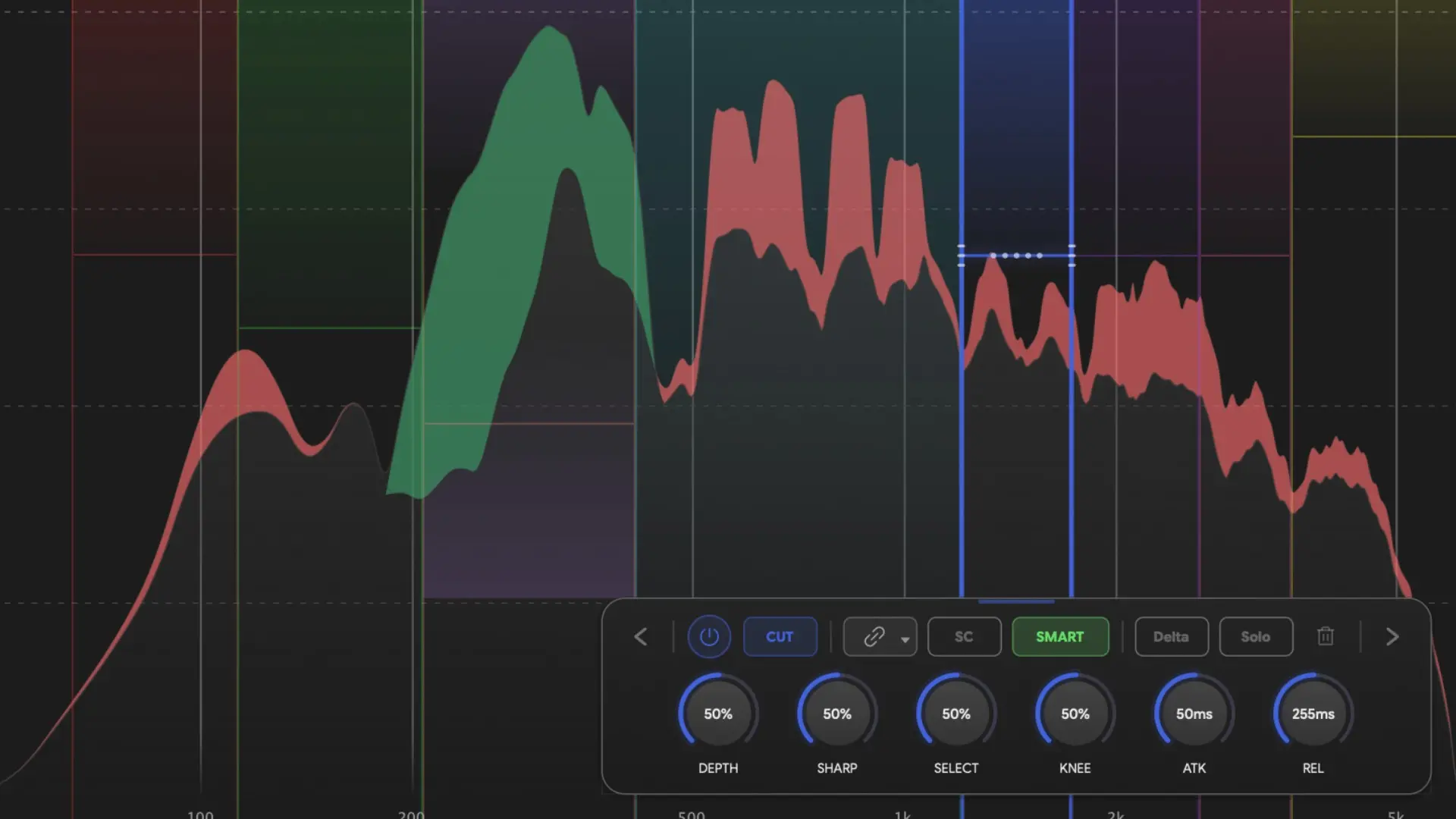 THE_SMOOTHER 2's analyzer with a suppression band selected, showing the removed energy in red over the spectrum
